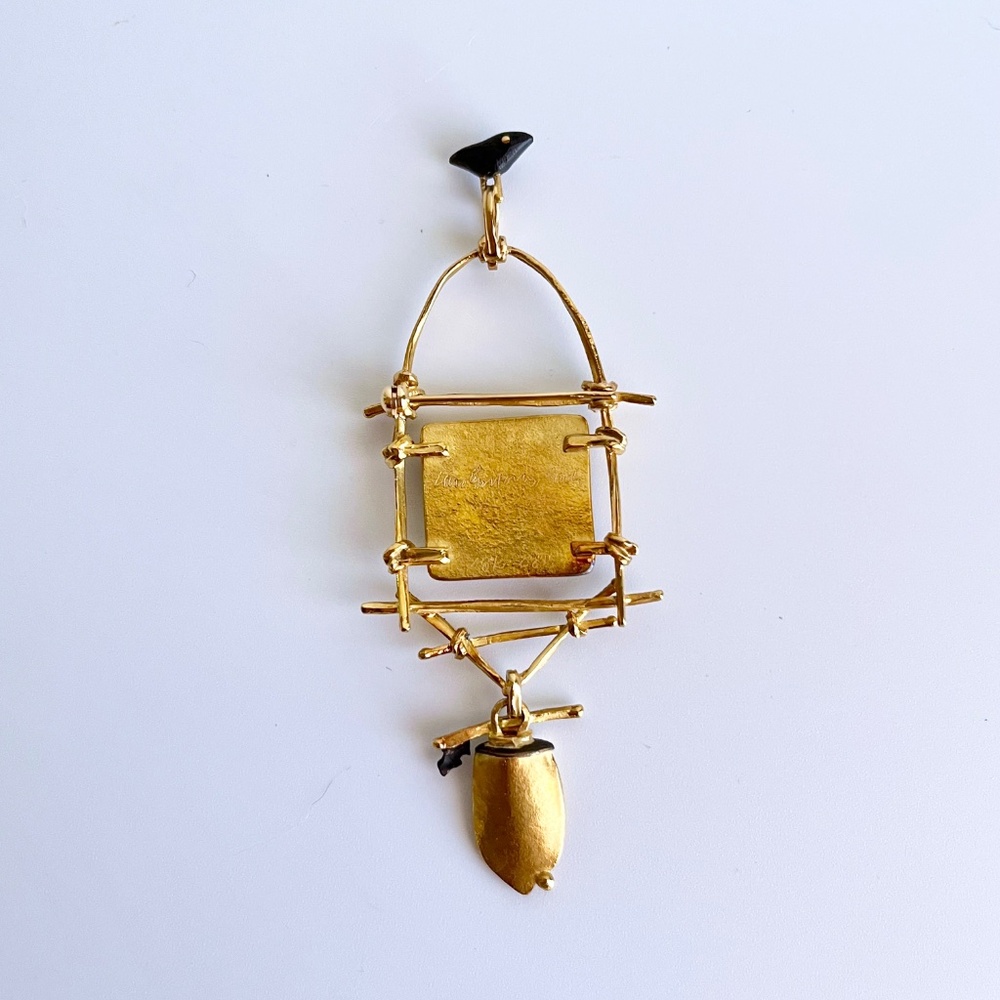 18K and 22K gold brooch with dendritic agate and bird - Picture 5 of 12